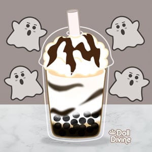 Spooky bubble tea with ghost stickers