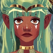 Female forest guardian with green hair