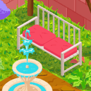 Różowa ławka w uroczym, zielonym ogrodzie.
