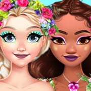 Princesses Elsa and Moana in flower crowns