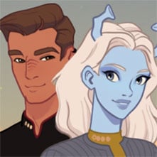 Andorian woman and human man in Star Trek