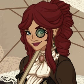 Redhead steampunk girl with a monocle