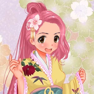 Ragazza carina dai capelli rosa in kimono giallo