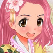 Linda garota de cabelo rosa em quimono amarelo
