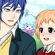 Simpatico creatore di scene in stile anime , kawaii, con un ragazzo e una ragazza in una scuola