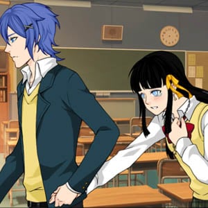 Adorabile creatore di scene in stile anime , kawaii, con un ragazzo e una ragazza in una scuola